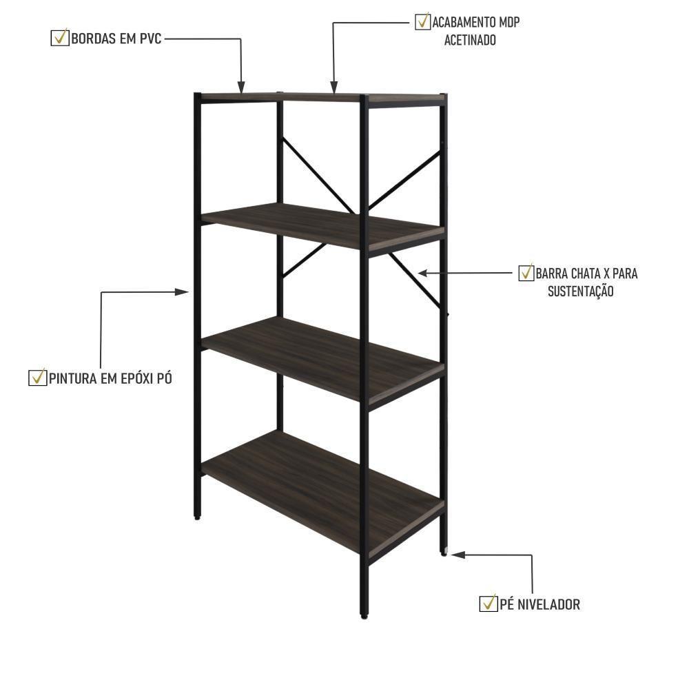 Estante C/04 Prateleiras 118x60x33cm Tub Tueh1164 Nogal - Est.preta Nogal / Est.preta - 3