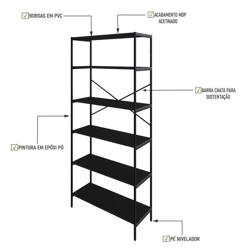Estante C/06 Prateleiras 186x80x33cm Tub Tueh1886 Preto ônix - Est.preta Preto ônix / Est.preta - 3
