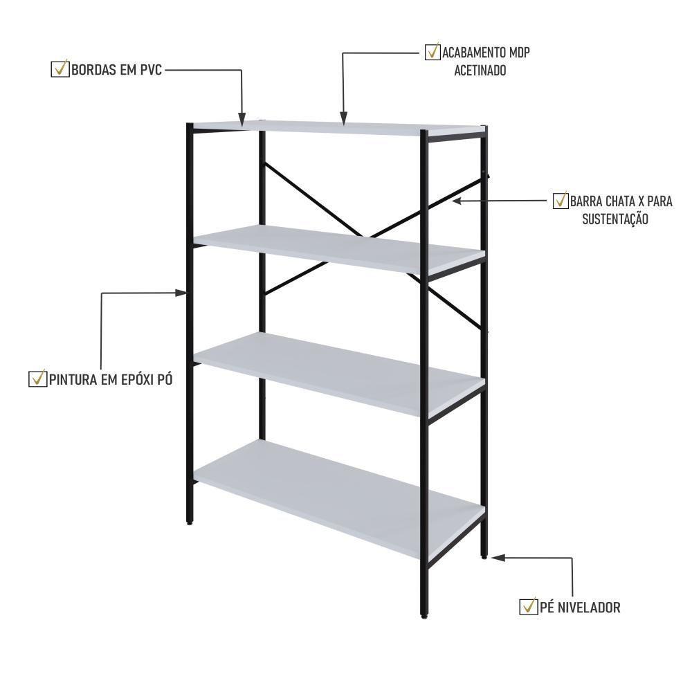 Estante C/04 Prateleiras 118x80x33cm Tub Tueh1184 Branco Chess - Est.preta Branco Chess / Est.preta - 3