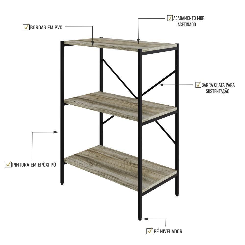 Estante C/03 Prateleiras 84x60x33cm Tub Tueh863 Carvalho - Est.preta Carvalho / Est.preta - 3