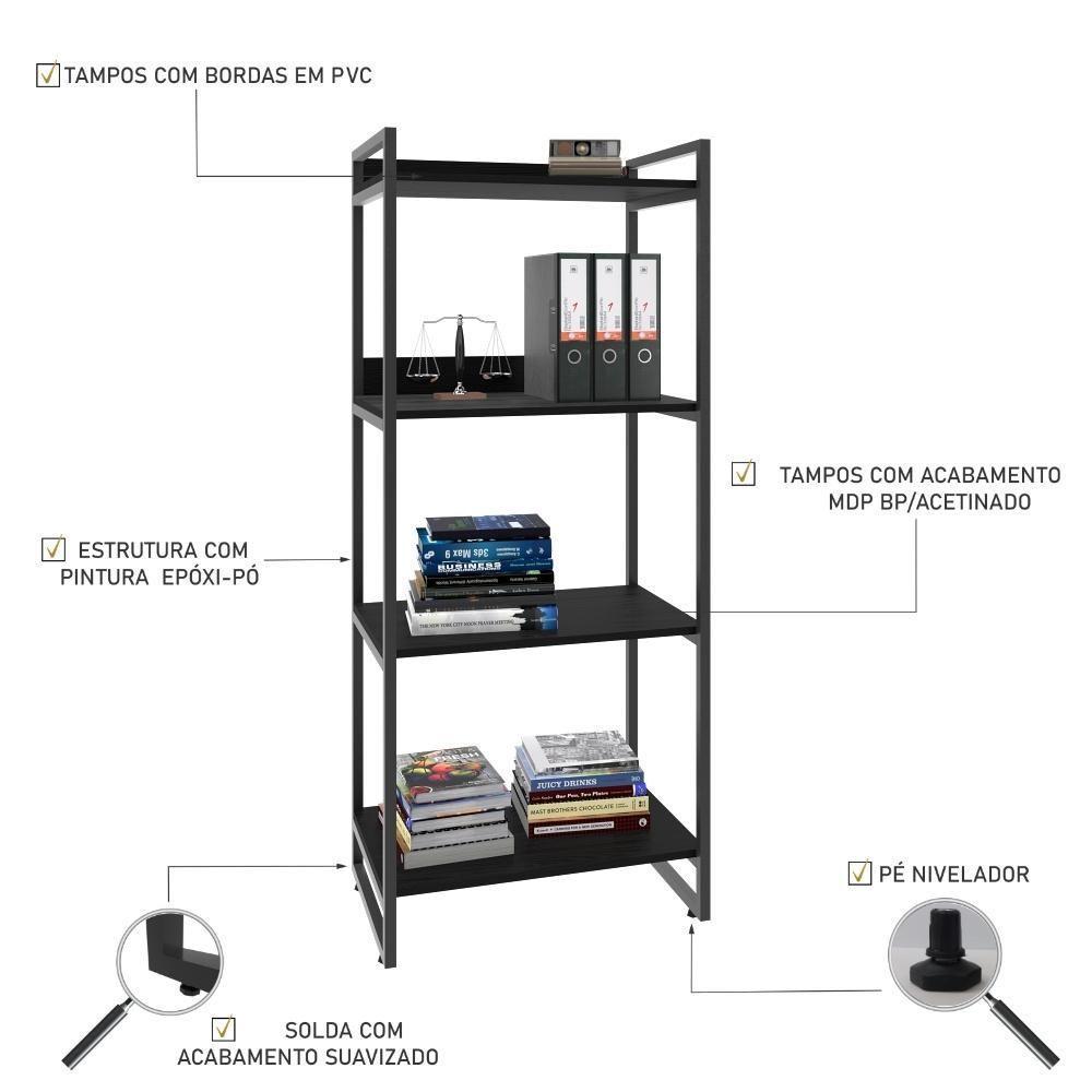 Estante Kuadra 60x40x146cm C/04 Prateleiras Preto ônix / Est.preta Preto ônix / Est.preta - 4