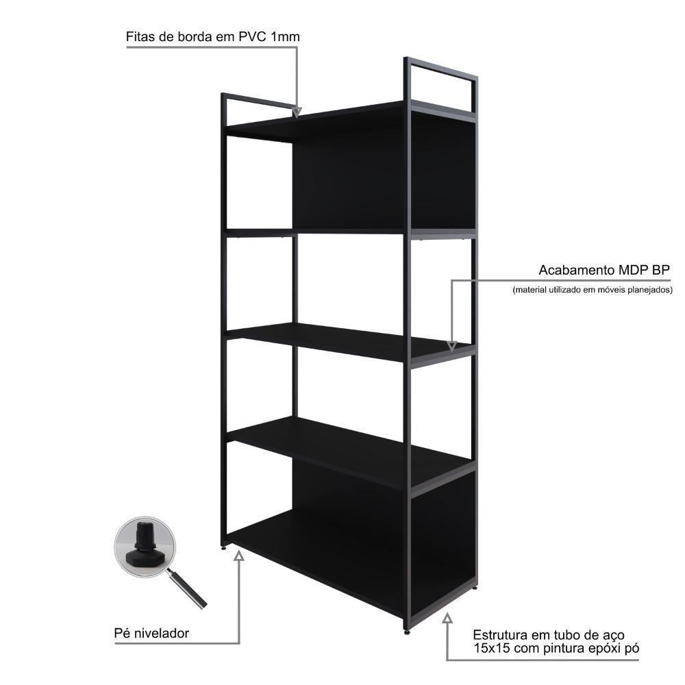 Estante C/05 Prateleiras 152x80x33cm C/fundo Yon Preto Tx/est.preta Preto Tx/est.preta - 3