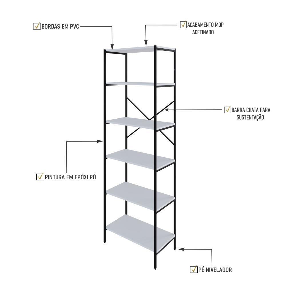 Estante C/06 Prateleiras 186x60x33cm Tub Tueh1866 Branco Chess - Est.preta Branco Chess / Est.preta - 3