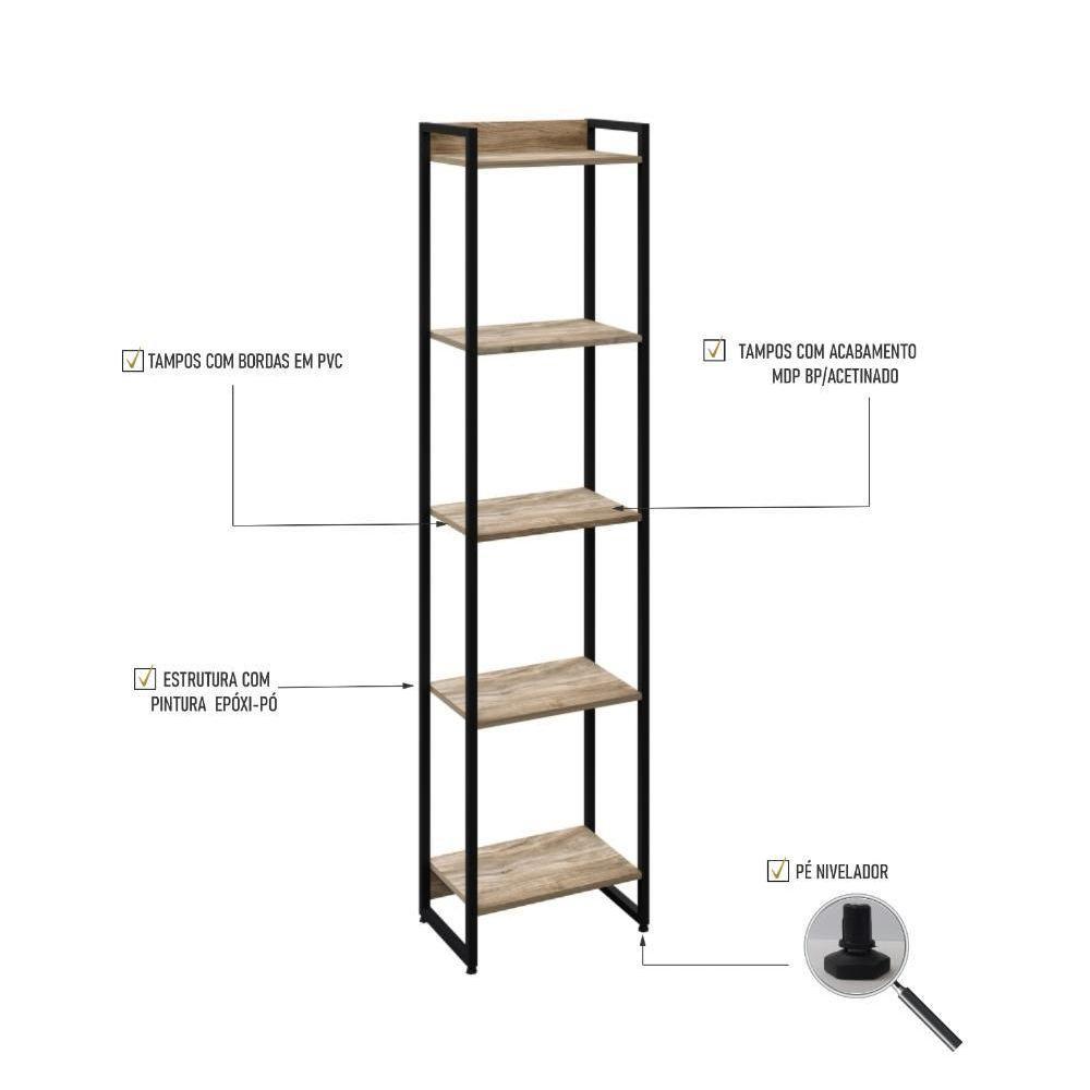 Estante Dynamica 45x30x187cm C/05 Prateleiras Carvalho / Est.preta Carvalho / Est.preta - 3