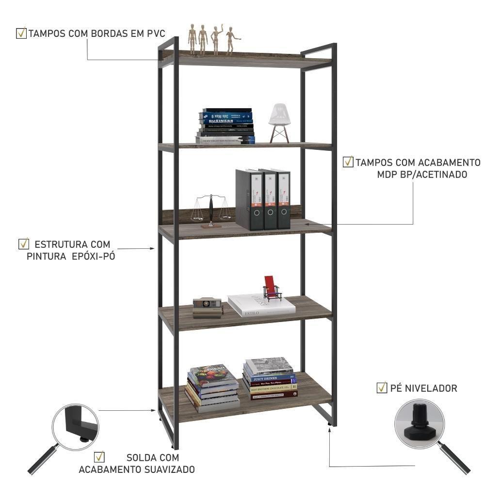 Estante Kuadra 80x40x187cm C/05 Prateleiras Carvalho Dark / Est.preta Carvalho Dark / Est.preta - 4