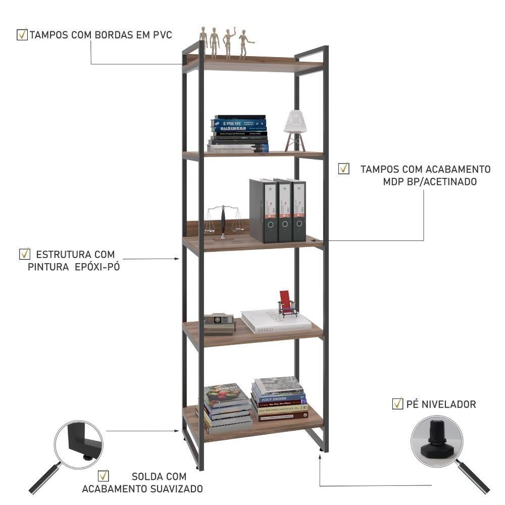 Estante Kuadra 60x40x187cm C/05 Prateleiras Nogal / Est.preta Nogal / Est.preta - 4