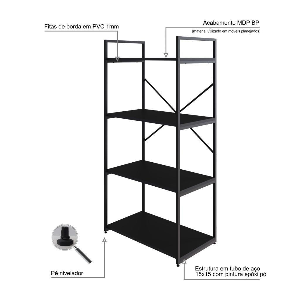 Estante C/04 Prateleiras 118x60x33cm Yon Preto Tx/est.preta Preto Tx/est.preta - 3