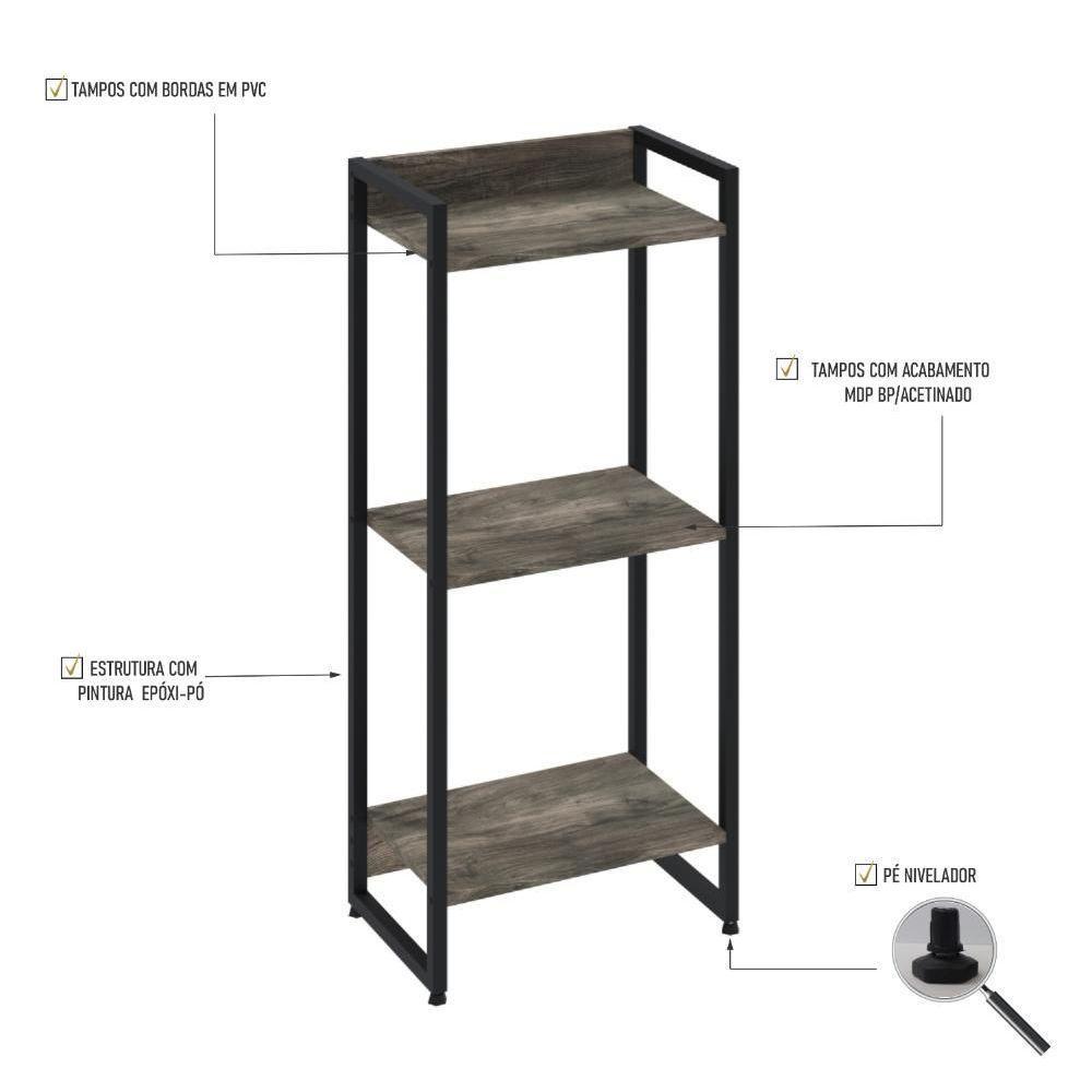 Estante Dynamica 45x30x104cm C/03 Prateleiras Carvalho Dark / Est.preta Carvalho Dark / Est.preta - 3