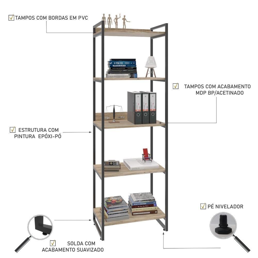 Estante Kuadra 60x40x187cm C/05 Prateleiras Carvalho / Est.preta Carvalho / Est.preta - 4