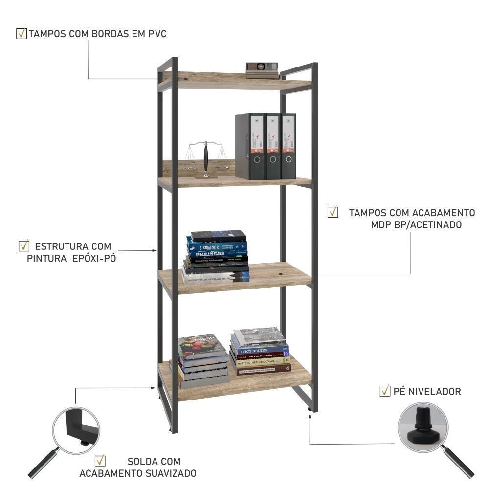 Estante Kuadra 60x40x146cm C/04 Prateleiras Carvalho / Est.preta Carvalho / Est.preta - 4