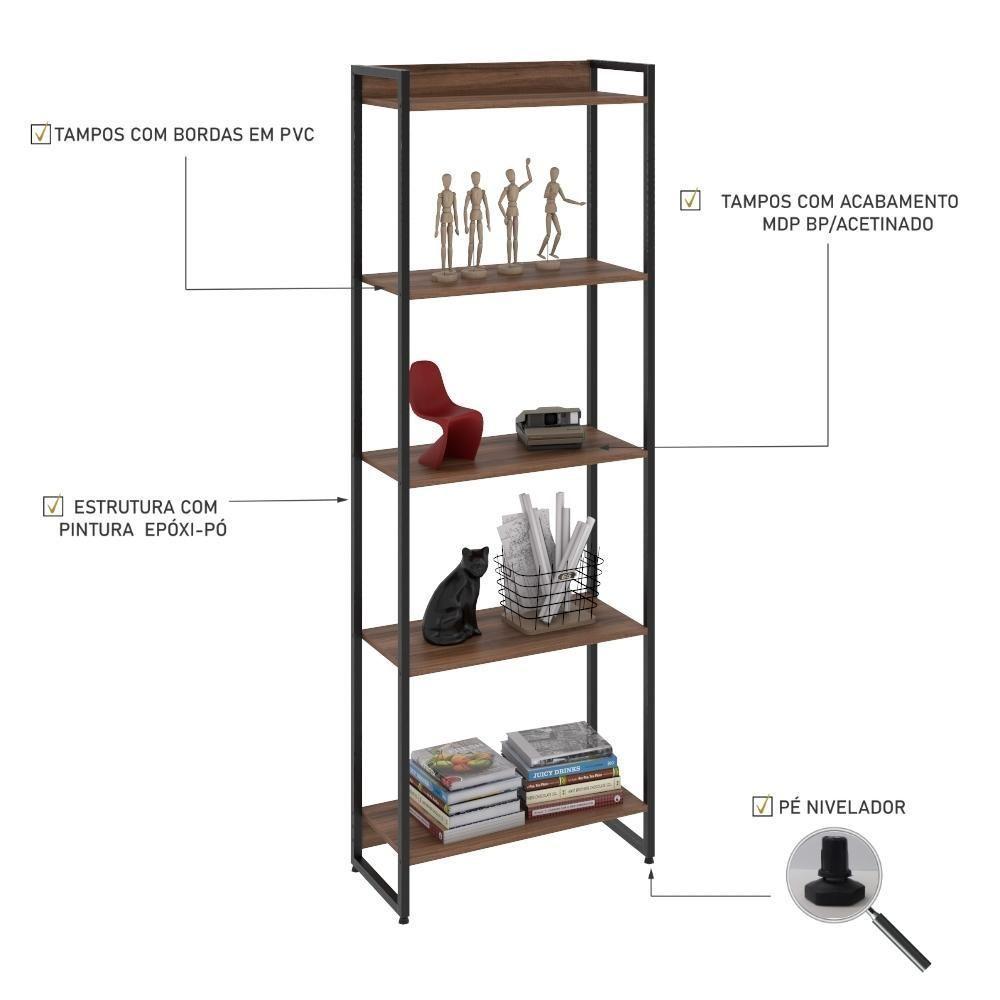 Estante Dynamica 60x30x187cm C/05 Prateleiras Nogal / Est.preta Nogal / Est.preta - 4