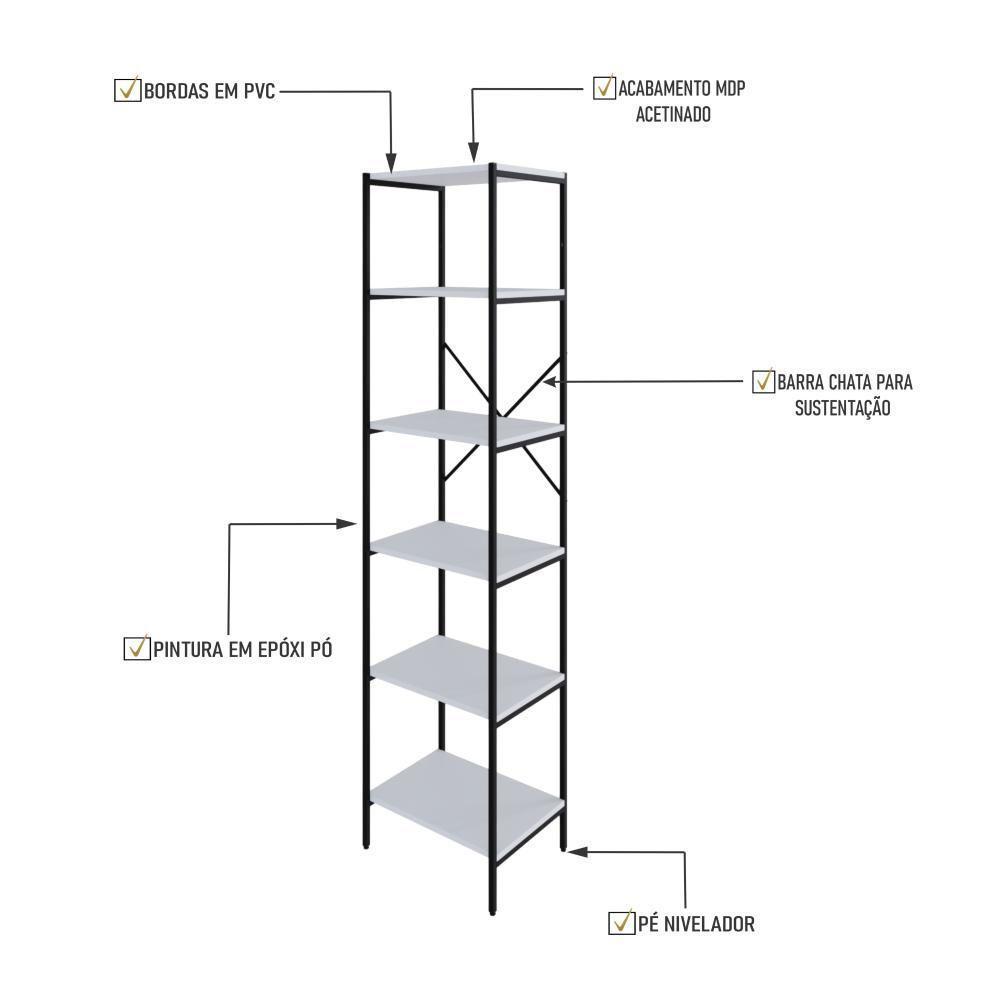 Estante C/06 Prateleiras 186x45x33cm Tub Tueh1846 Branco Chess - Est.preta Branco Chess / Est.preta - 3