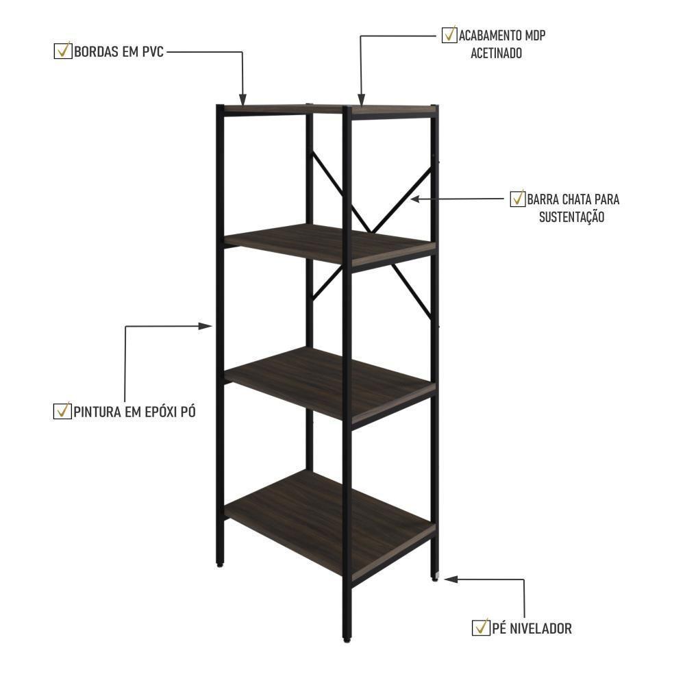 Estante C/04 Prateleiras 118x45x33cm Tub Tueh1144 Nogal - Est.preta Nogal / Est.preta - 3