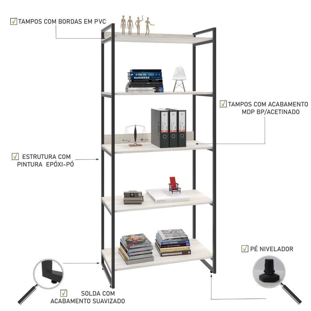 Estante Kuadra 80x40x187cm C/05 Prateleiras Snow / Est.preta Snow / Est.preta - 4