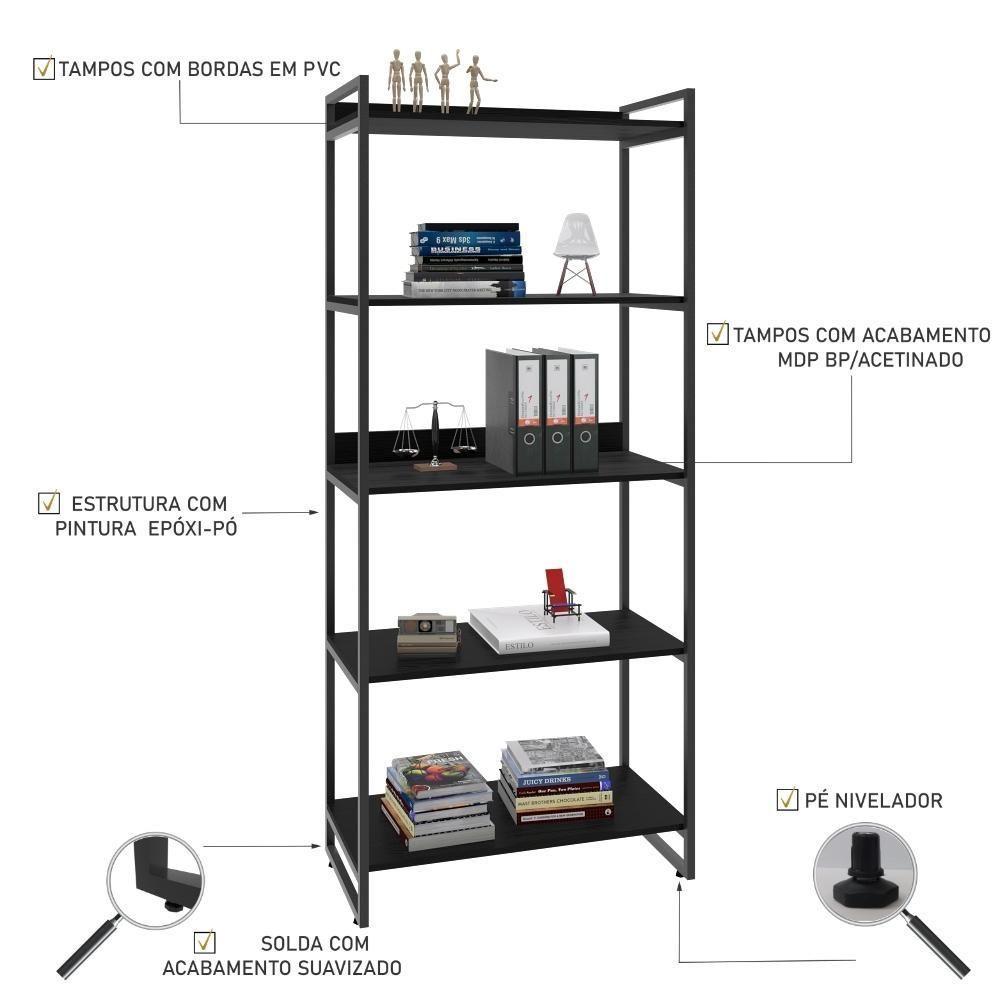 Estante Kuadra 80x40x187cm C/05 Prateleiras Preto ônix / Est.preta Preto ônix / Est.preta - 4
