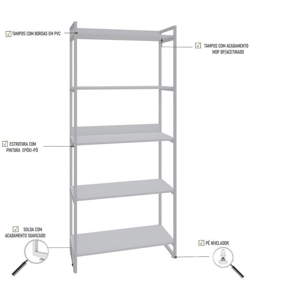Estante Kuadra 80x40x187cm C/05 Prateleiras Branco Chess / Est.branca Branco Chess / Est.branca - 3