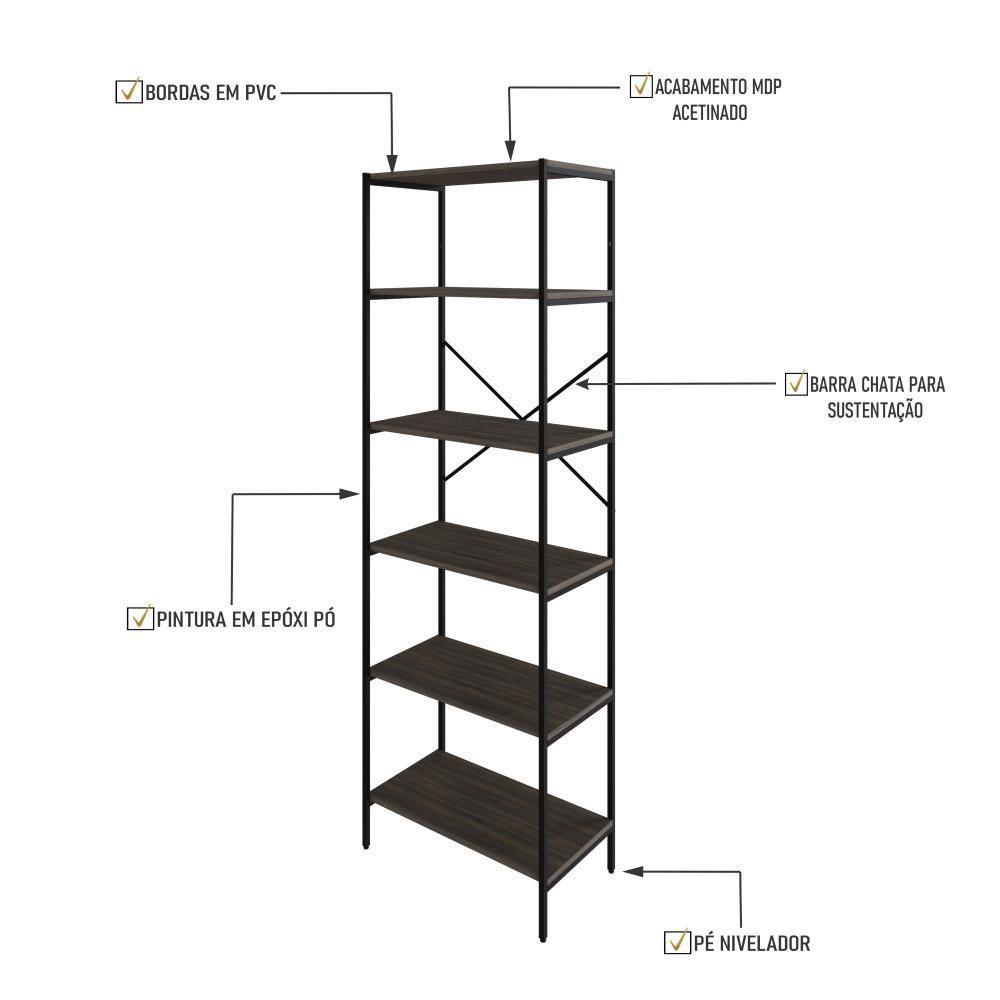 Estante C/06 Prateleiras 186x60x33cm Tub Tueh1866 Nogal - Est.preta Nogal / Est.preta - 2