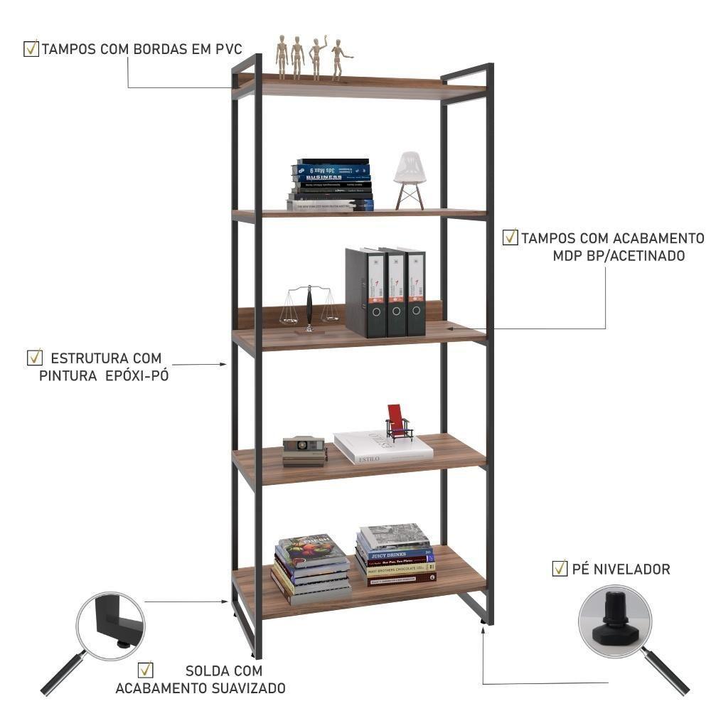 Estante Kuadra 80x40x187cm C/05 Prateleiras Nogal / Est.preta Nogal / Est.preta - 4