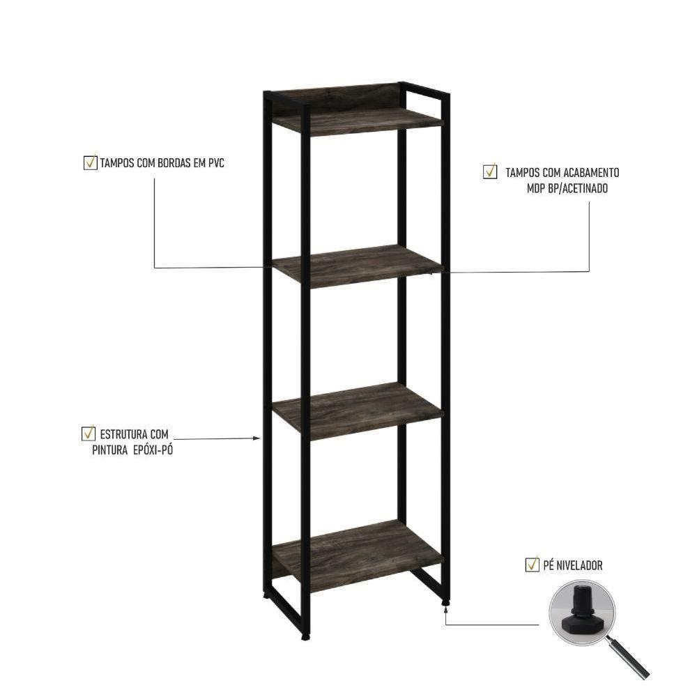 Estante Dynamica 45x30x146cm C/04 Prateleiras Carvalho Dark / Est.preta Carvalho Dark / Est.preta - 3