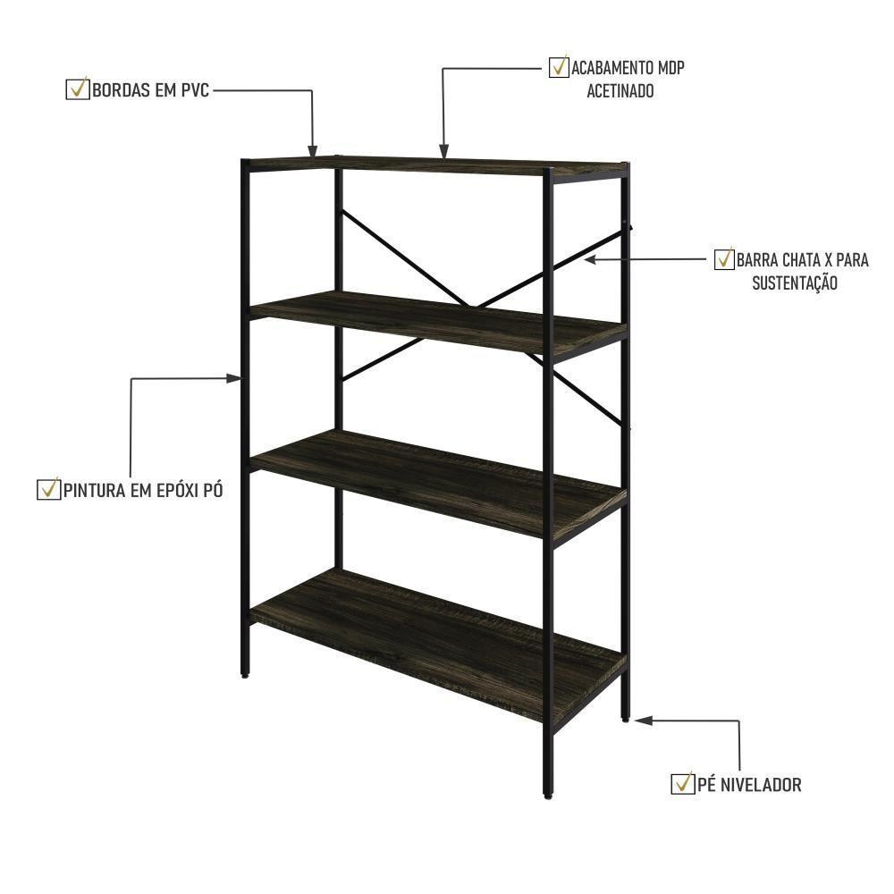 Estante C/04 Prateleiras 118x80x33cm Tub Tueh1184 Carvalho Dark - Est.preta Carvalho Dark / Est.preta - 3