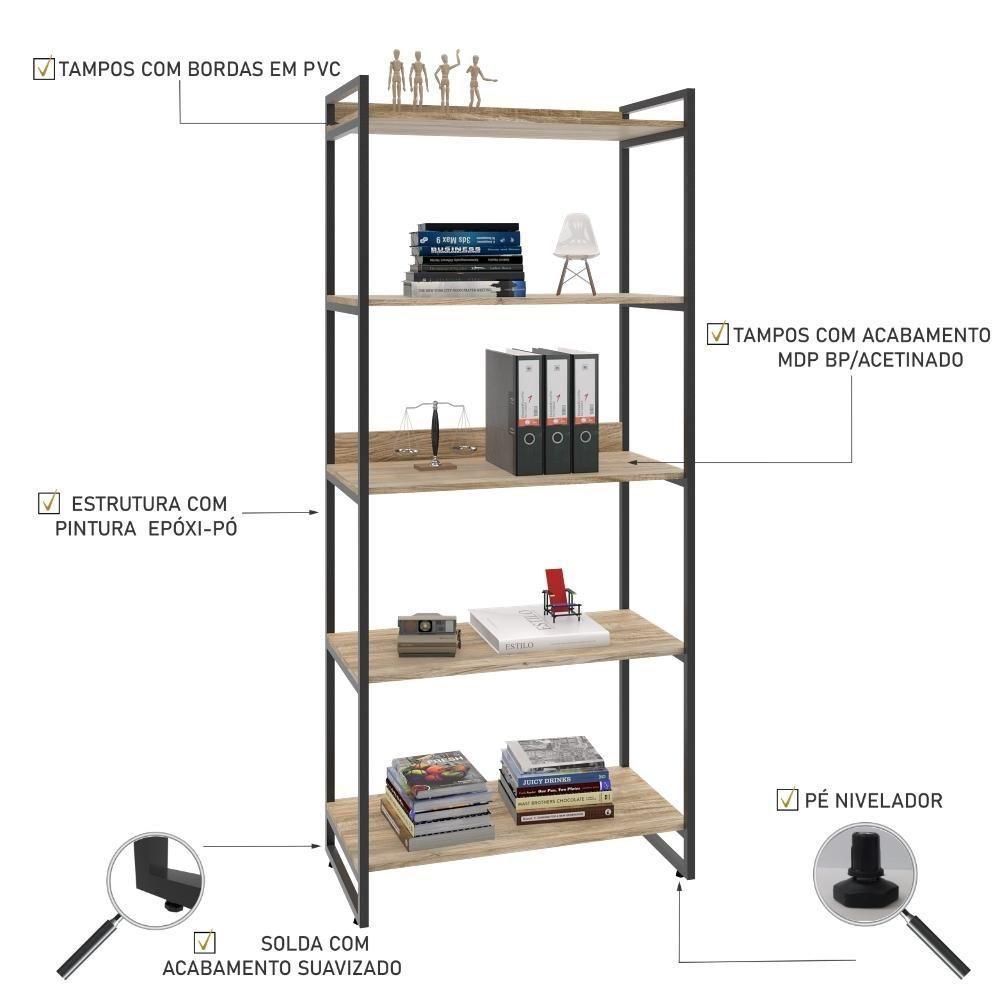 Estante Kuadra 80x40x187cm C/05 Prateleiras Carvalho / Est.preta Carvalho / Est.preta - 6
