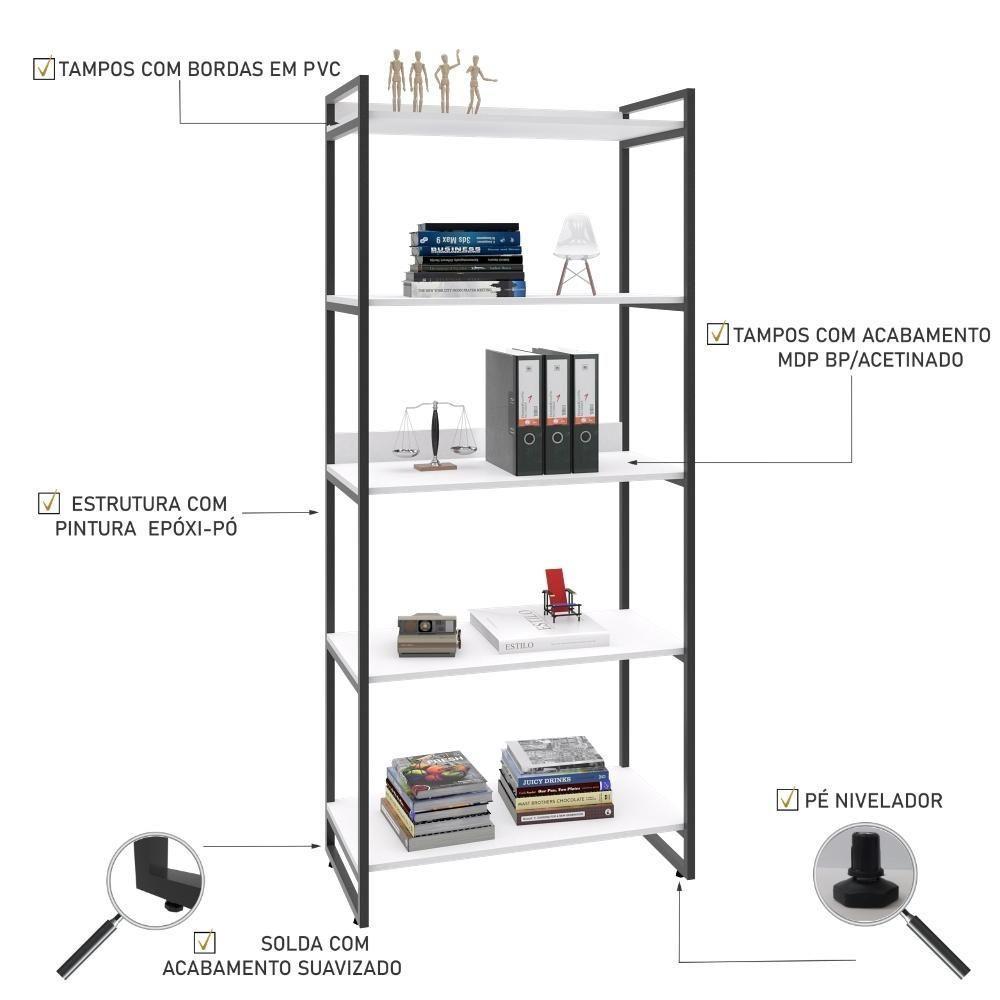 Estante Kuadra 80x40x187cm C/05 Prateleiras Branco Chess / Est.preta Branco Chess / Est.preta - 4