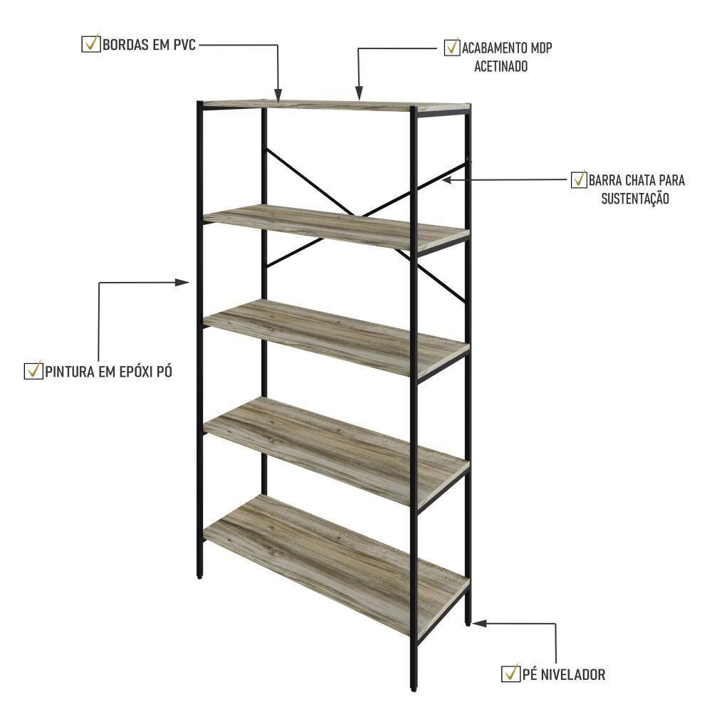 Estante C/05 Prateleiras 152x80x33cm Tub Tueh1585 Carvalho - Est.preta Carvalho / Est.preta - 3