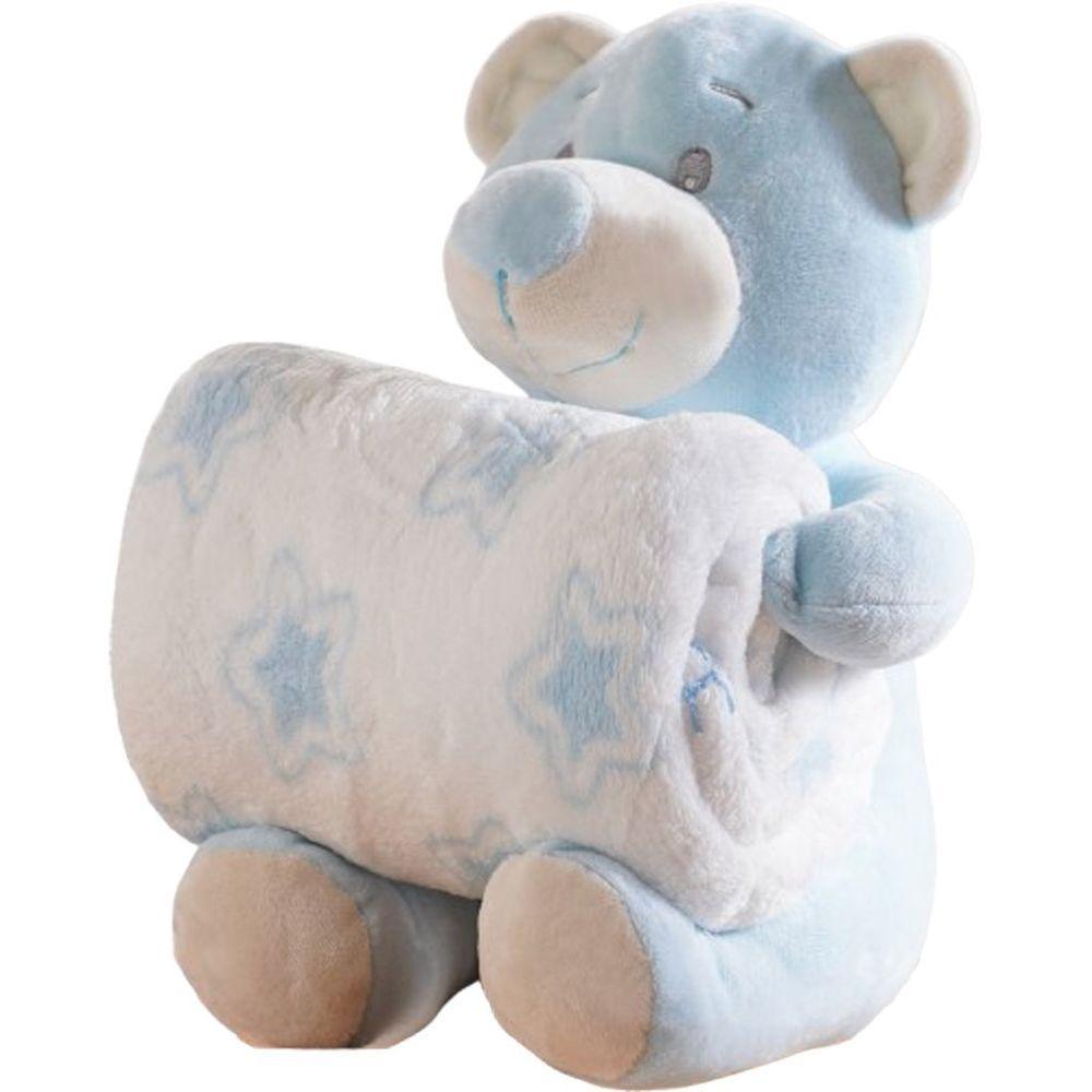 Bichinho De Pelúcia Carinhoso New Com Manta Bebê 100x75cm Ursinho Azul - 1