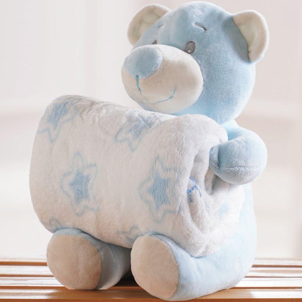 Bichinho De Pelúcia Carinhoso New Com Manta Bebê 100x75cm Ursinho Azul - 6