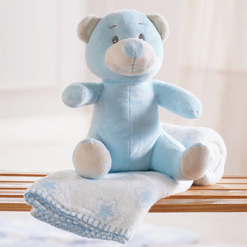 Bichinho De Pelúcia Carinhoso New Com Manta Bebê 100x75cm Ursinho Azul - 7