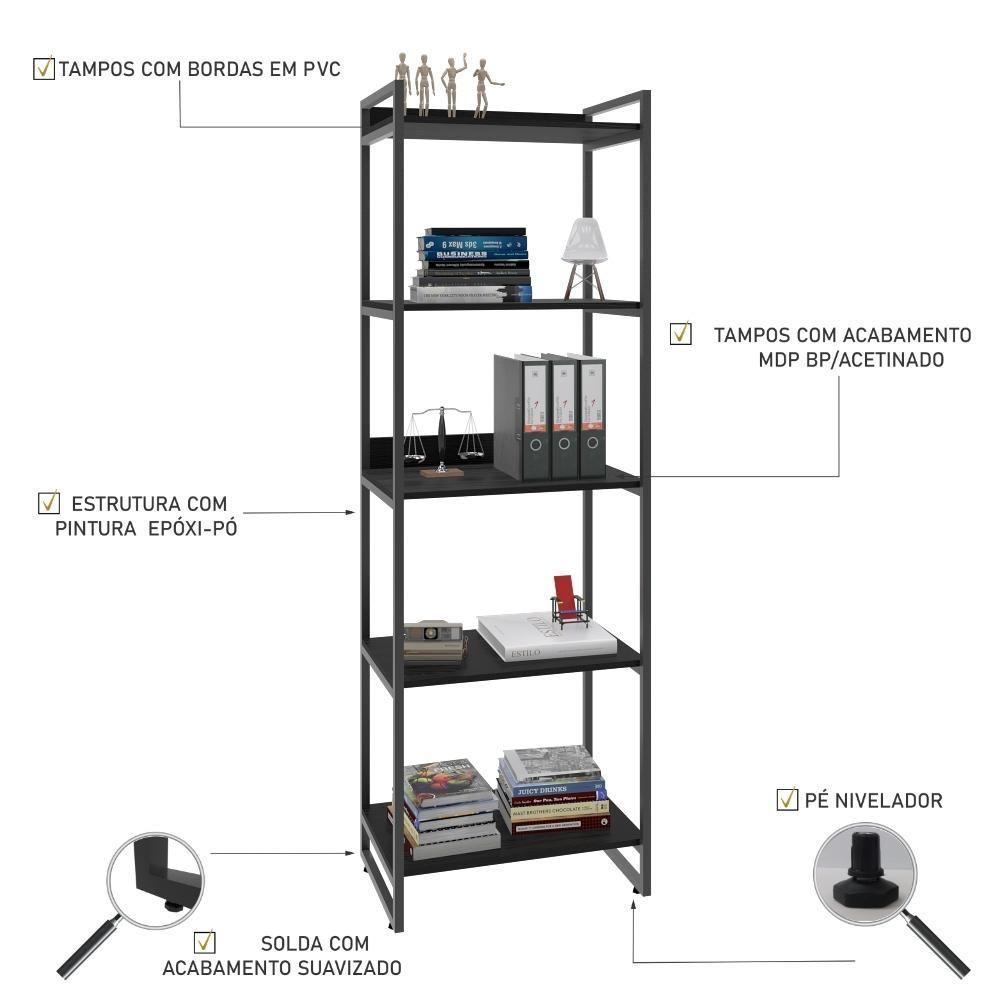 Estante Kuadra 60x40x187cm C/05 Prateleiras Preto ônix / Est.preta Preto ônix / Est.preta - 4