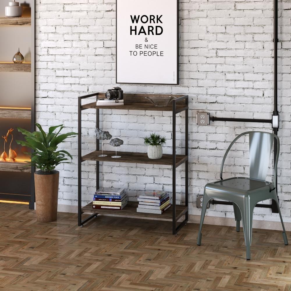 Estante Kuadra 80x40x104cm C/03 Prateleiras Carvalho Dark / Est.preta Carvalho Dark / Est.preta - 3