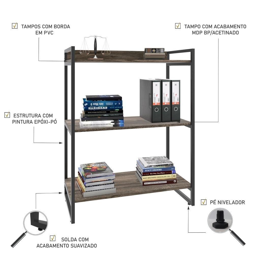 Estante Kuadra 80x40x104cm C/03 Prateleiras Carvalho Dark / Est.preta Carvalho Dark / Est.preta - 4