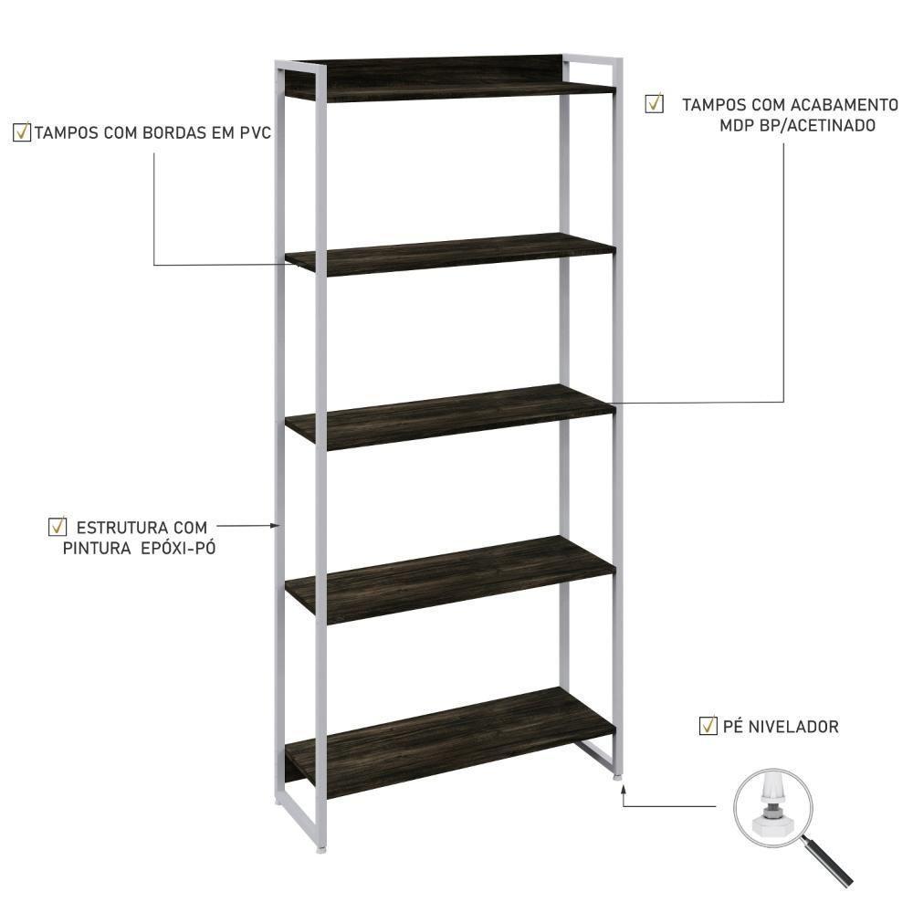 Estante Dynamica 80x30x187cm C/05 Prateleiras Preto ônix / Est.branca Preto ônix / Est.branca - 3