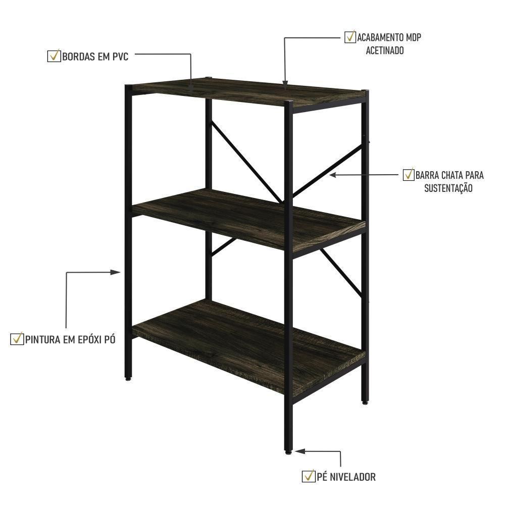 Estante C/03 Prateleiras 84x60x33cm Tub Tueh863 Carvalho Dark - Est.preta Carvalho Dark / Est.preta - 3