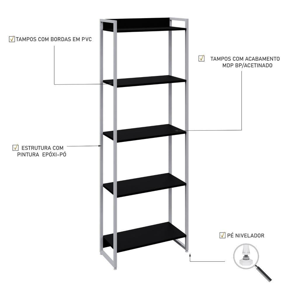 Estante Dynamica 60x30x187cm C/05 Prateleiras Preto ônix / Est.branca Preto ônix / Est.branca - 3