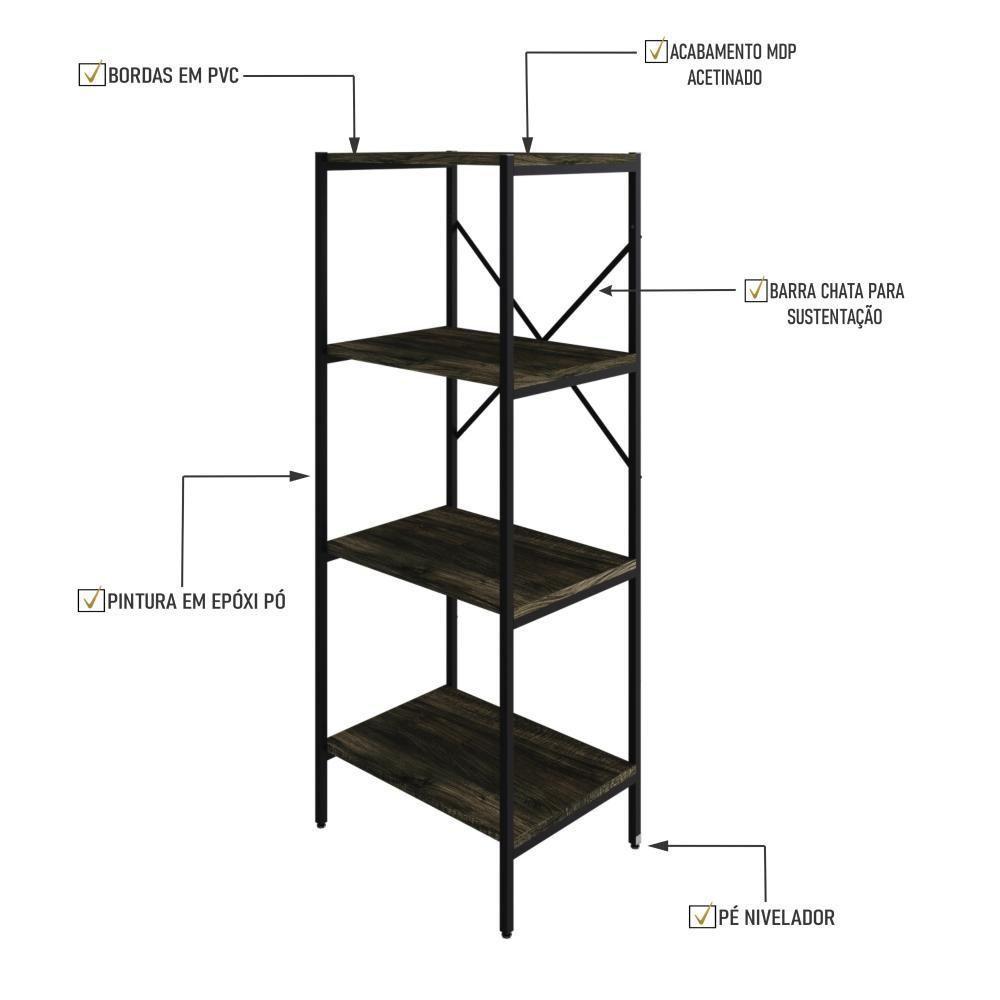 Estante C/04 Prateleiras 118x45x33cm Tub Tueh1144 Carvalho Dark - Est.preta Carvalho Dark / Est.preta - 3