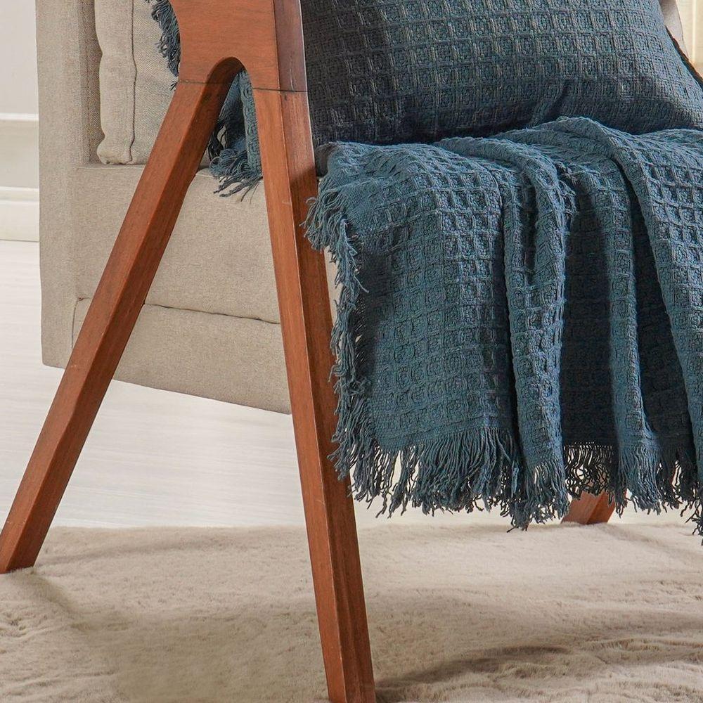 Kit Manta E 2 Almofada Decorativa Para Sofá Waffle 100% Algodão 120x150cm Azul Cobalt - 3