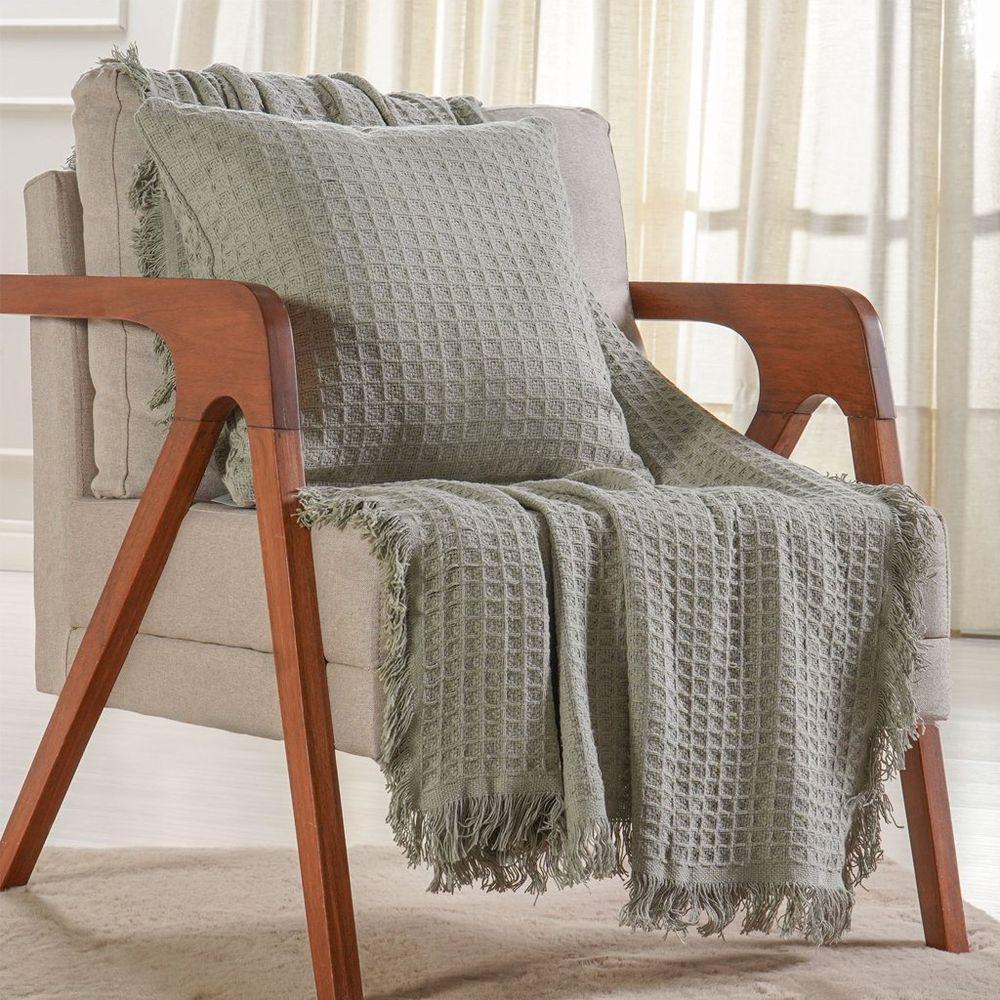Kit Manta E Capa De Almofada Decorativa Para Sofá Waffle 100% Algodão 120x150cm Verde Alfafa - 1