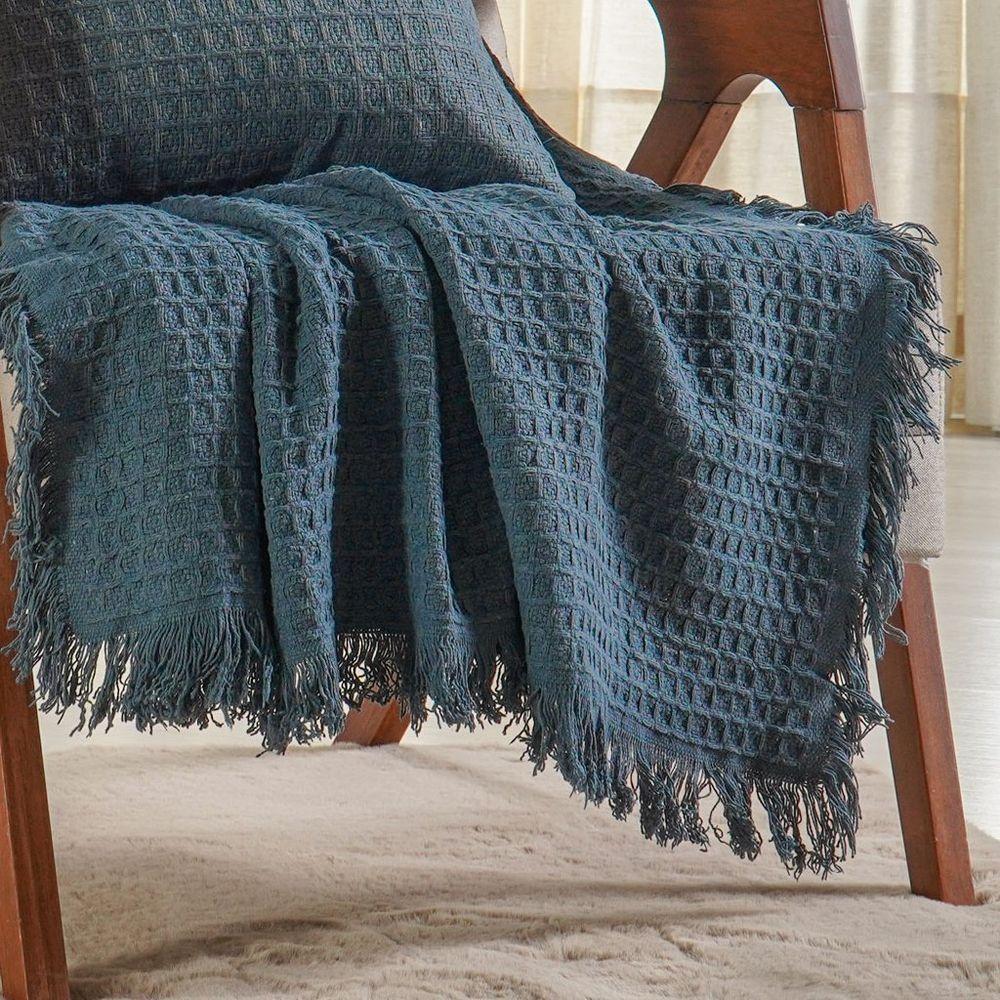 Kit Manta E Almofada Decorativa Para Sofá Waffle 100% Algodão 120x150cm Azul Cobalt - 2