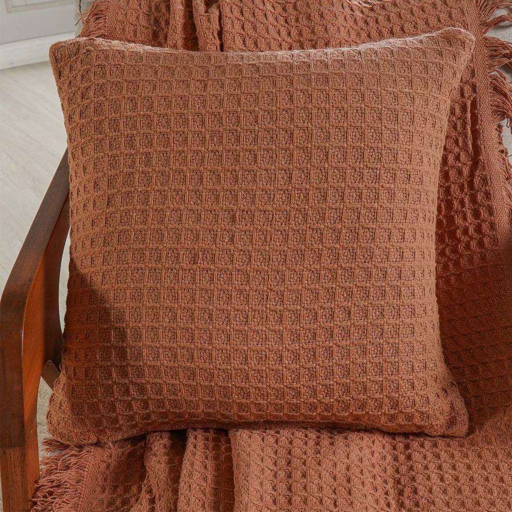 Kit Manta E Almofada Decorativa Para Sofá Waffle 100% Algodão 120x150cm Terracota - 4