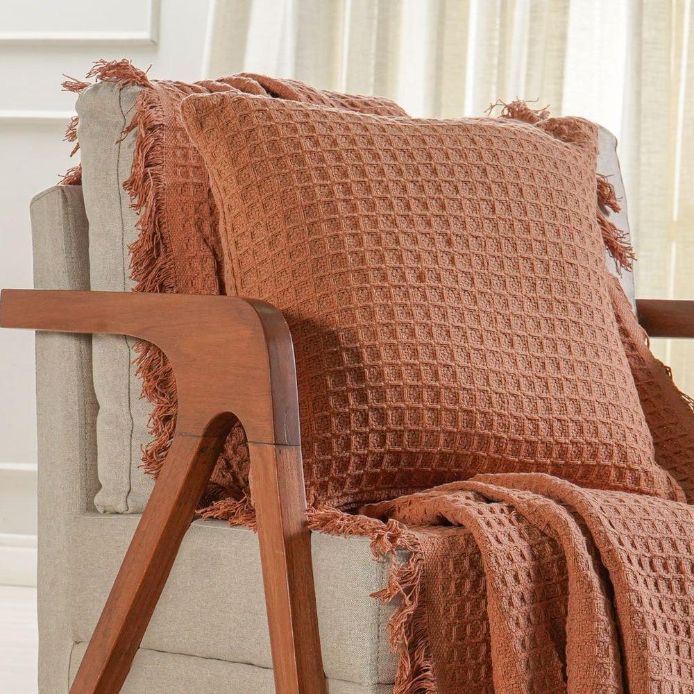 Kit Manta E 2 Capa De Almofada Decorativa Para Sofá Waffle 100% Algodão 120x150cm Terracota - 5