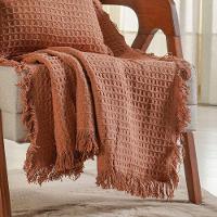 Kit Manta E Capa De Almofada Decorativa Para Sofá Waffle 100% Algodão 120x150cm Terracota - 2