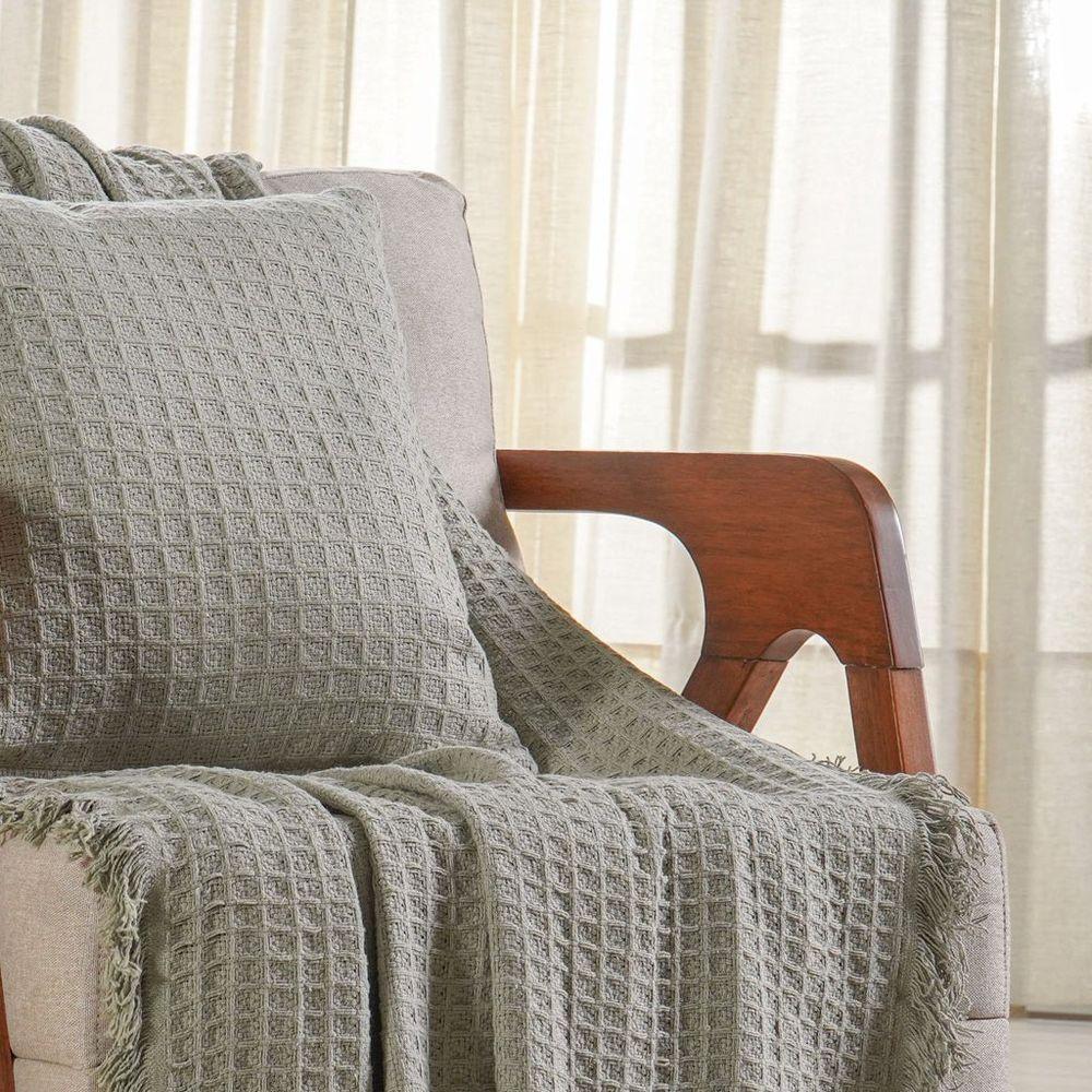 Kit Manta E Almofada Decorativa Para Sofá Waffle 100% Algodão 120x150cm Verde Alfafa - 5