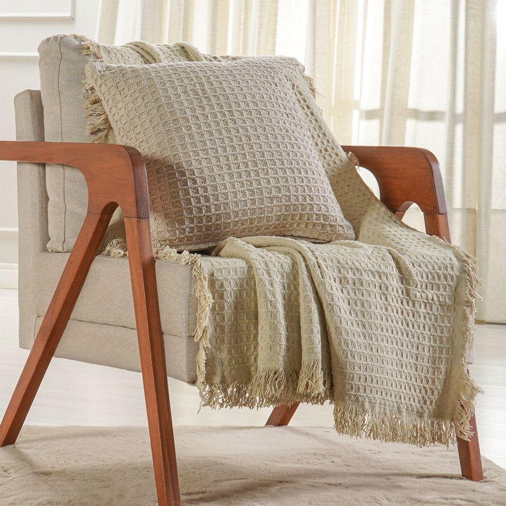 Kit Manta E 2 Capa De Almofada Decorativa Para Sofá Waffle 100% Algodão 120x150cm Amendoa - 1