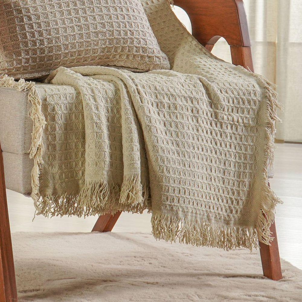 Kit Manta E 2 Capa De Almofada Decorativa Para Sofá Waffle 100% Algodão 120x150cm Amendoa - 2