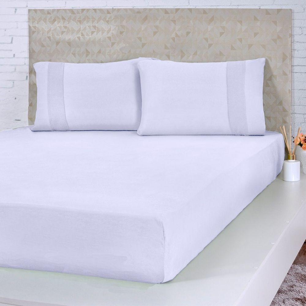 Jogo De Cama Casal Malha 3 Pçs Bella Cama 100% Algodão 138x188x30cm Branco - 1