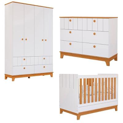 Kit Quarto Infantil Biscoito Berço Colchão Cômoda Roupeiro Branco Acetinado/nature