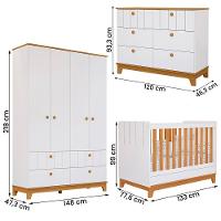 Kit Quarto Infantil Biscoito Berço Colchão Cômoda Roupeiro Branco Acetinado/nature