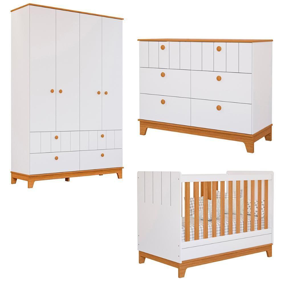 Kit Quarto Infantil Biscoito Com Berço Cômoda Roupeiro Branco Acetinado nature - 1